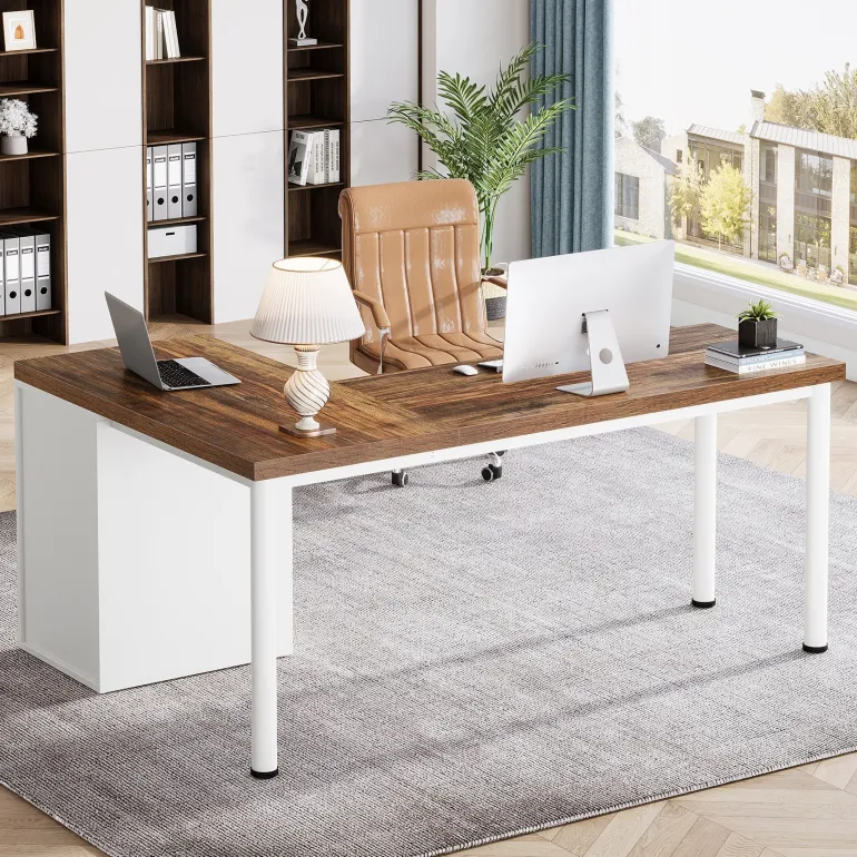Sale Tribesigns 55" Computer Desk, L - Shaped Corner Desk Office Desk with 5 Drawers