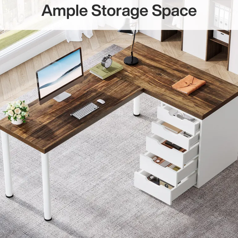 Sale Tribesigns 55" Computer Desk, L - Shaped Corner Desk Office Desk with 5 Drawers