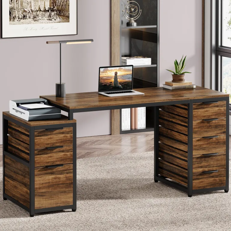 Online Tribesigns 63" Computer Desk, Study Writing Table with File Cabinet and Storage Drawers