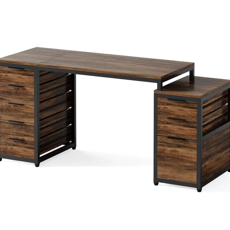 Online Tribesigns 63" Computer Desk, Study Writing Table with File Cabinet and Storage Drawers