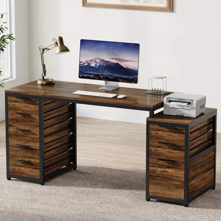 Online Tribesigns 63" Computer Desk, Study Writing Table with File Cabinet and Storage Drawers