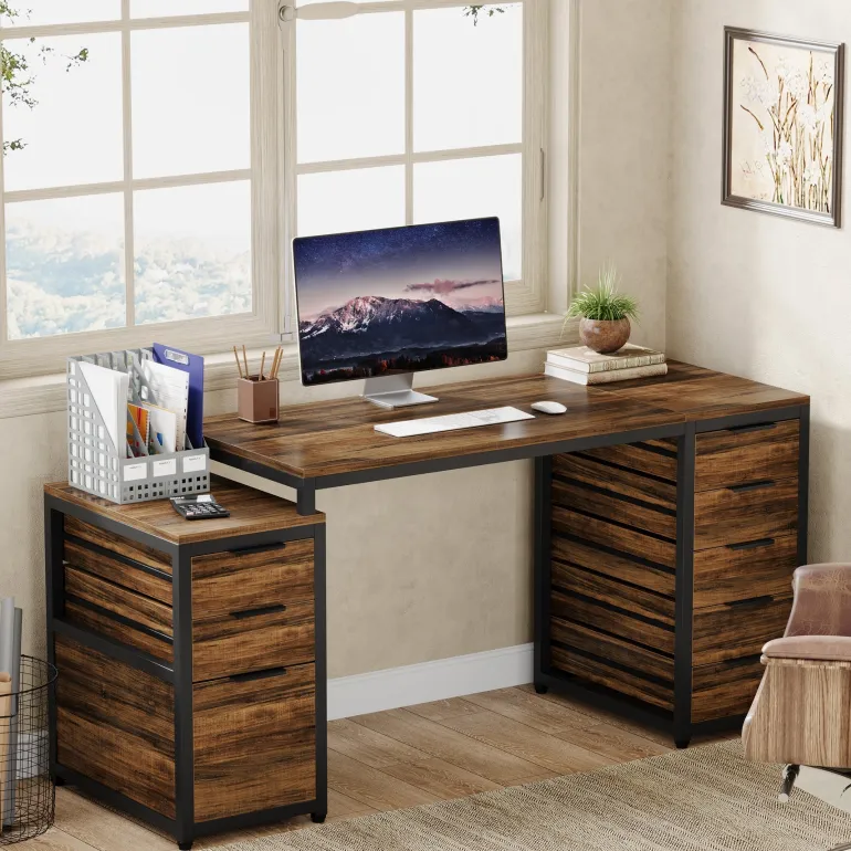 Online Tribesigns 63" Computer Desk, Study Writing Table with File Cabinet and Storage Drawers