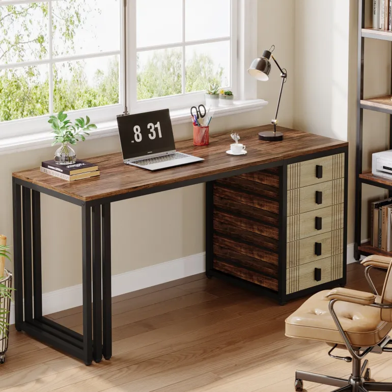 Cheap Tribesigns 55" Computer Desk, Wood Office Desk with Reversible Drawer