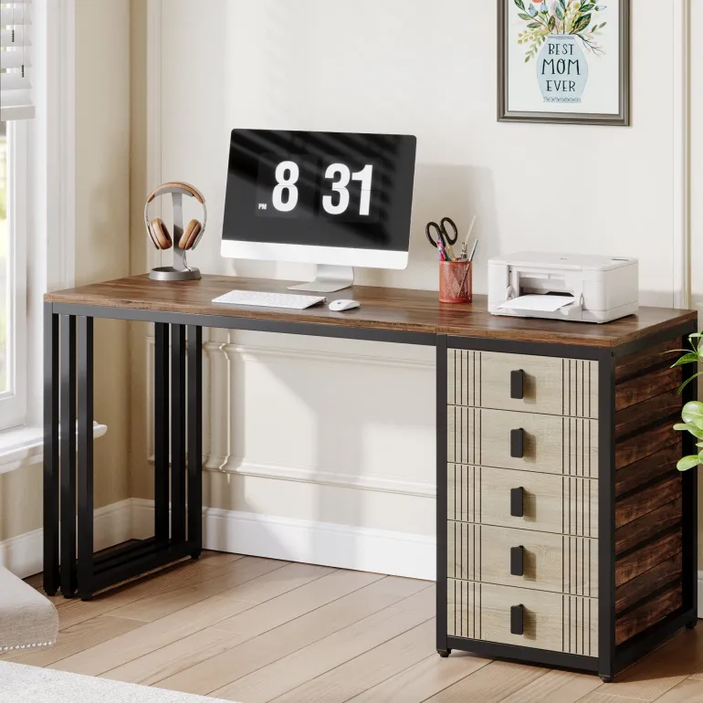 Cheap Tribesigns 55" Computer Desk, Wood Office Desk with Reversible Drawer