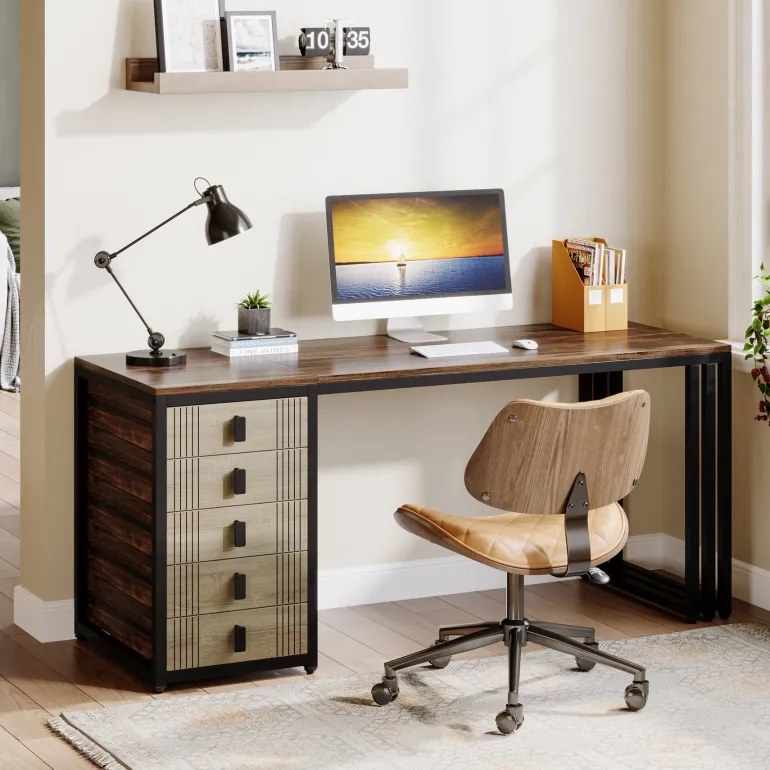 Cheap Tribesigns 55" Computer Desk, Wood Office Desk with Reversible Drawer