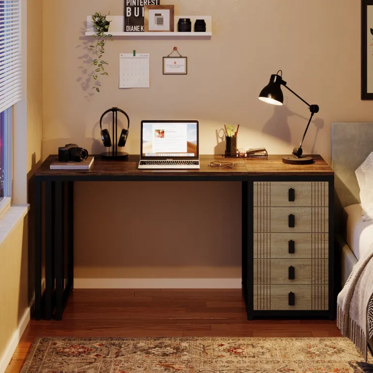 Cheap Tribesigns 55" Computer Desk, Wood Office Desk with Reversible Drawer