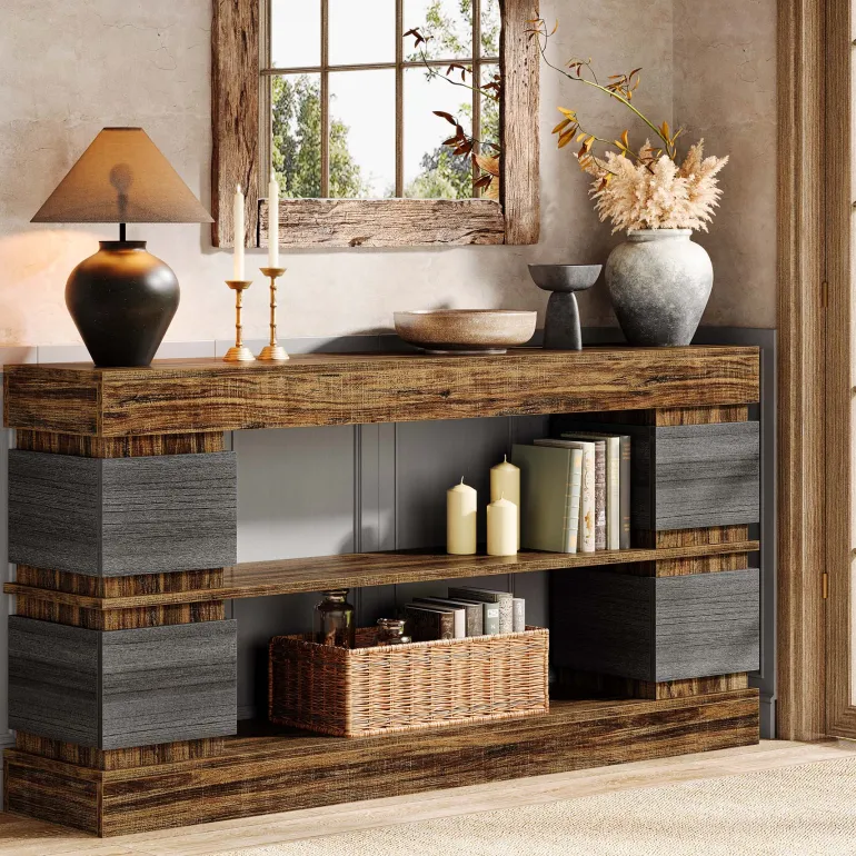 Hot Tribesigns 63" Console Table, 3 - Tier Farmhouse Hallway Sofa Table