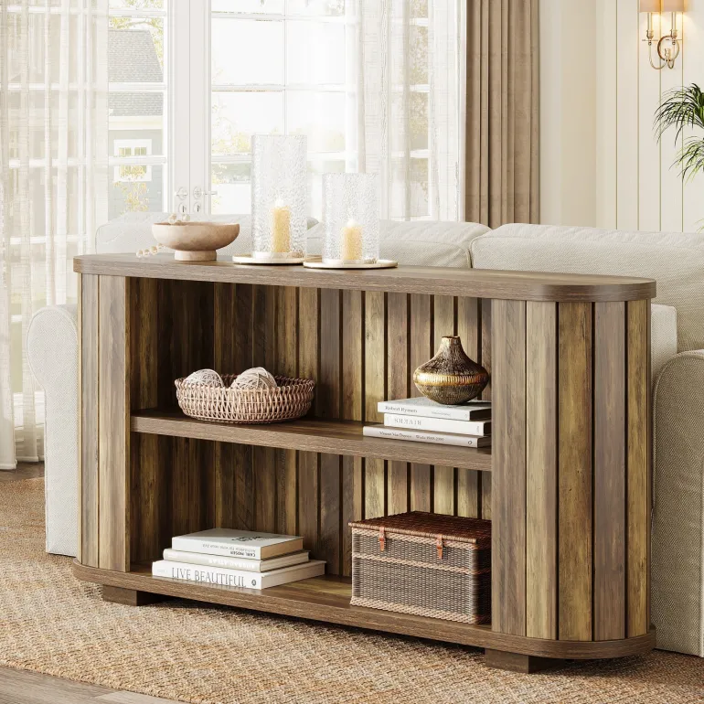 Hot Tribesigns 63" Console Table, 3 - Tier Farmhouse Entryway Table Sofa Table with Storage Shelves