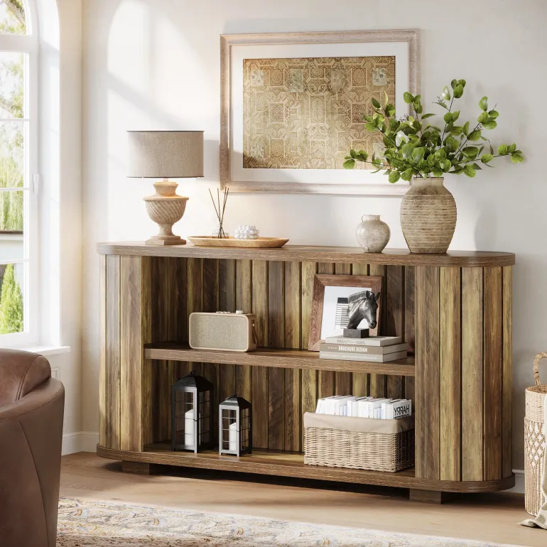 Hot Tribesigns 63" Console Table, 3 - Tier Farmhouse Entryway Table Sofa Table with Storage Shelves