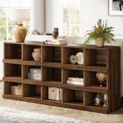 Fashion Tribesigns 63" Console Table, Farmhouse 4 - Tier Sofa Table with 15 Storage Cubes