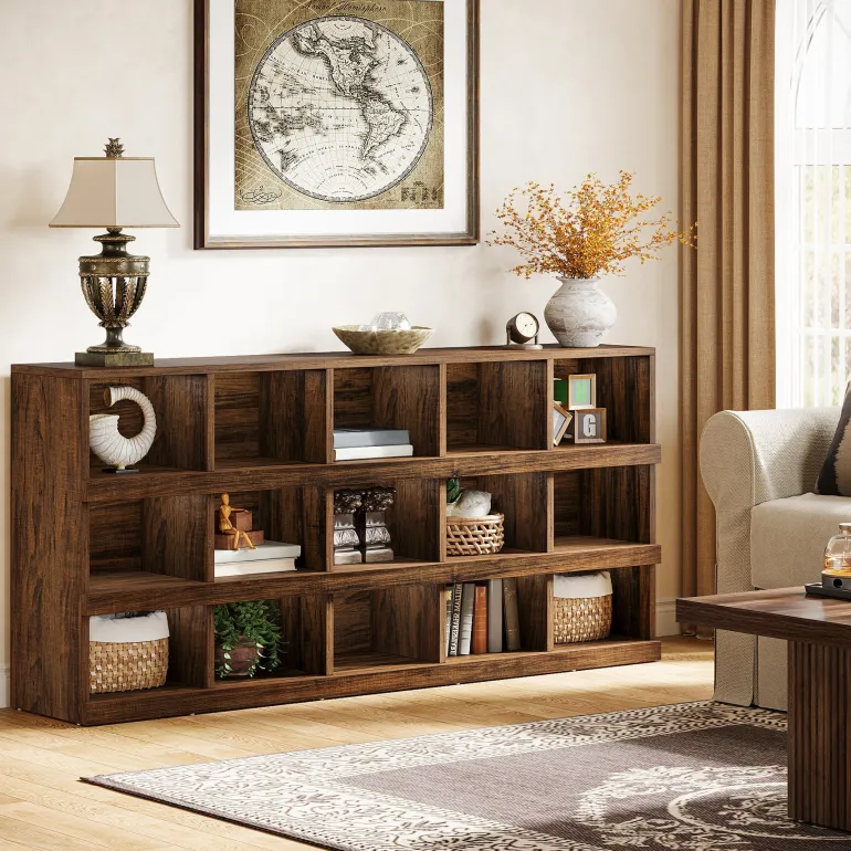 Fashion Tribesigns 63" Console Table, Farmhouse 4 - Tier Sofa Table with 15 Storage Cubes