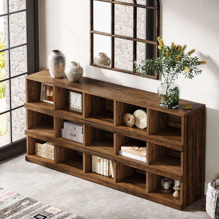 Fashion Tribesigns 63" Console Table, Farmhouse 4 - Tier Sofa Table with 15 Storage Cubes
