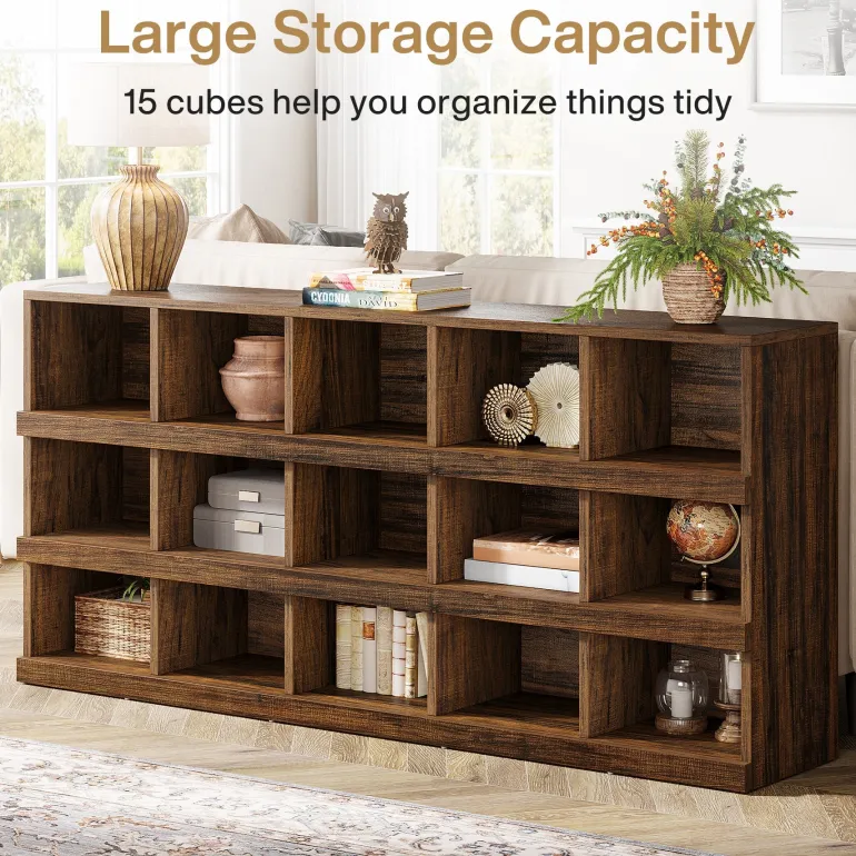 Fashion Tribesigns 63" Console Table, Farmhouse 4 - Tier Sofa Table with 15 Storage Cubes