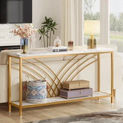Hot Tribesigns 70.9" Console Table, Faux Marble Entryway Table with 2 Tier Storage Shelf