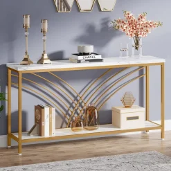 Hot Tribesigns 70.9" Console Table, Faux Marble Entryway Table with 2 Tier Storage Shelf