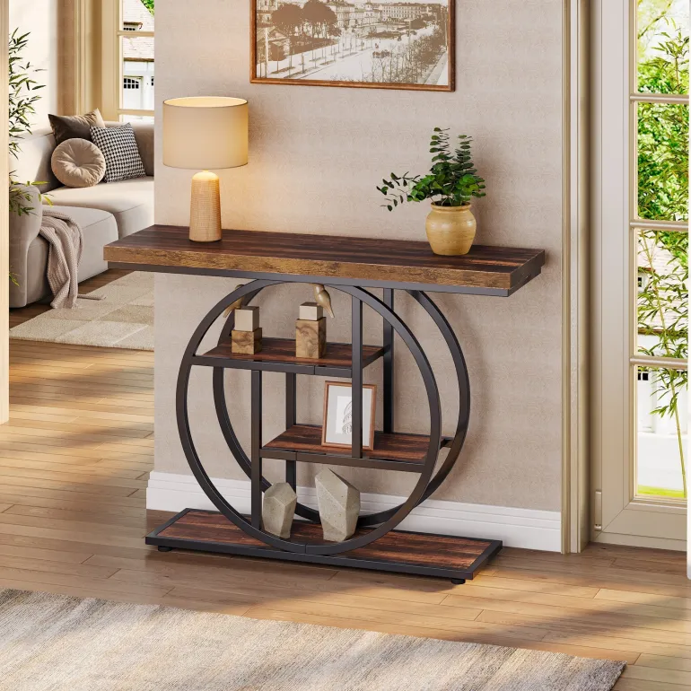 Discount Tribesigns 41.3" Console Table, Industrial 4 - Tier Sofa Entryway Table with Circle Base