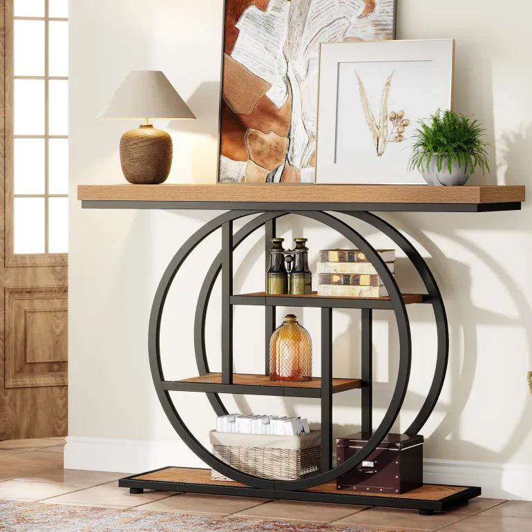 Discount Tribesigns 41.3" Console Table, Industrial 4 - Tier Sofa Entryway Table with Circle Base