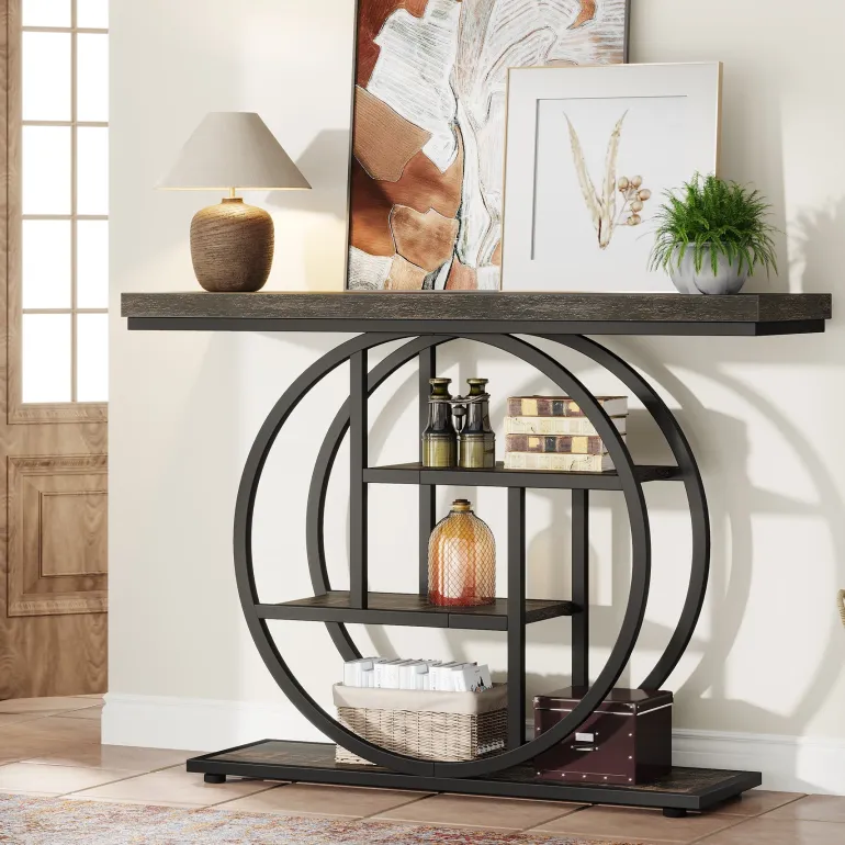 Discount Tribesigns 41.3" Console Table, Industrial 4 - Tier Sofa Entryway Table with Circle Base