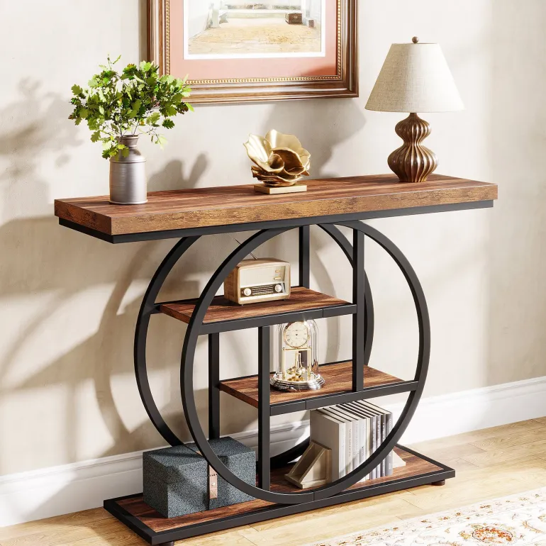 Discount Tribesigns 41.3" Console Table, Industrial 4 - Tier Sofa Entryway Table with Circle Base