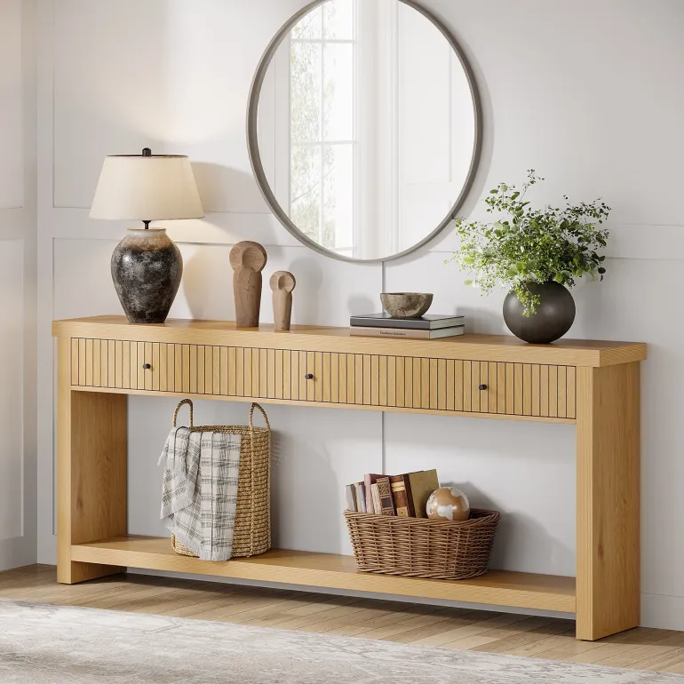 Fashion Tribesigns 70.9" Console Table, Long Wood Sofa Table with 3 Drawers