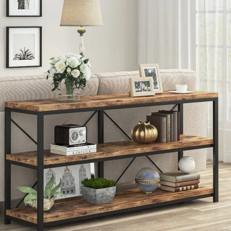 Store Tribesigns 55" Console Table, Sofa Table TV Stand with 3-Tier Storage Shelves
