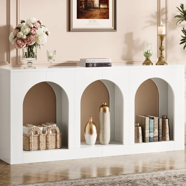 Cheap Tribesigns 70.8" Console Table, Wood Entryway Entry Table with 3 Arched Shelves