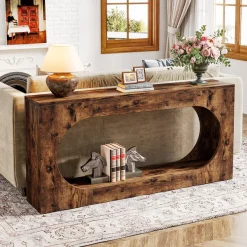 New Tribesigns 63" Console Table, Wood Sofa Table Behind Couch with 2 - Tier Storage Shelf