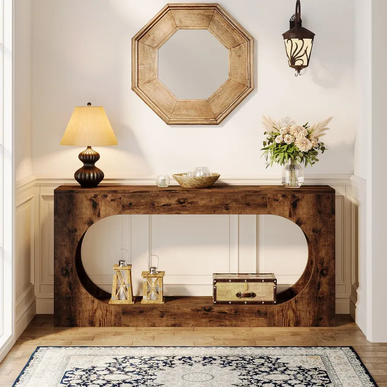 New Tribesigns 63" Console Table, Wood Sofa Table Behind Couch with 2 - Tier Storage Shelf