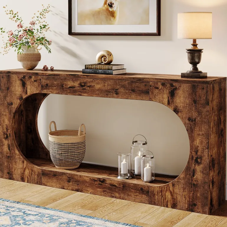 New Tribesigns 63" Console Table, Wood Sofa Table Behind Couch with 2 - Tier Storage Shelf