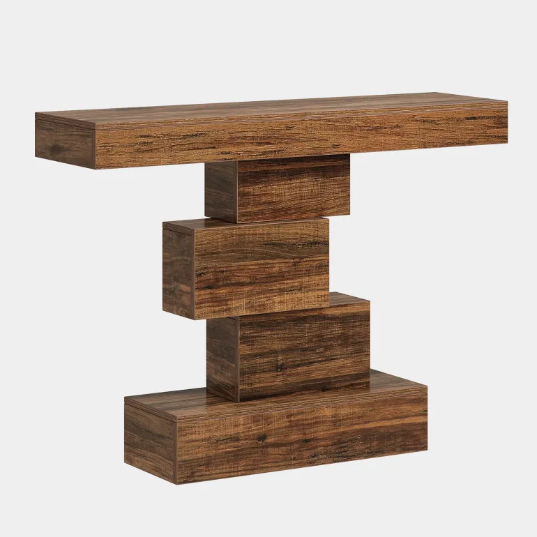 Online Tribesigns 42" Console Table, Wood Sofa Table Accent Table with Geometric Base