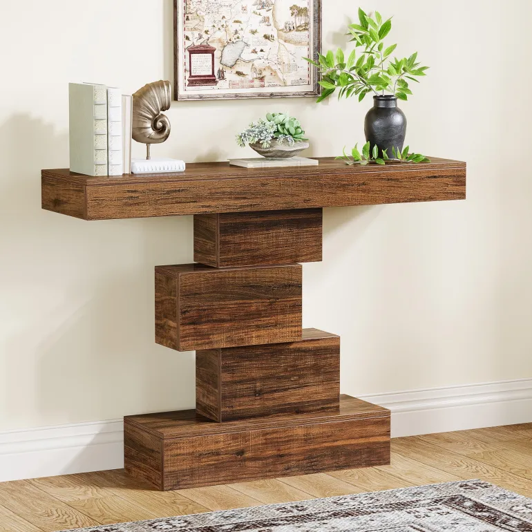 Online Tribesigns 42" Console Table, Wood Sofa Table Accent Table with Geometric Base