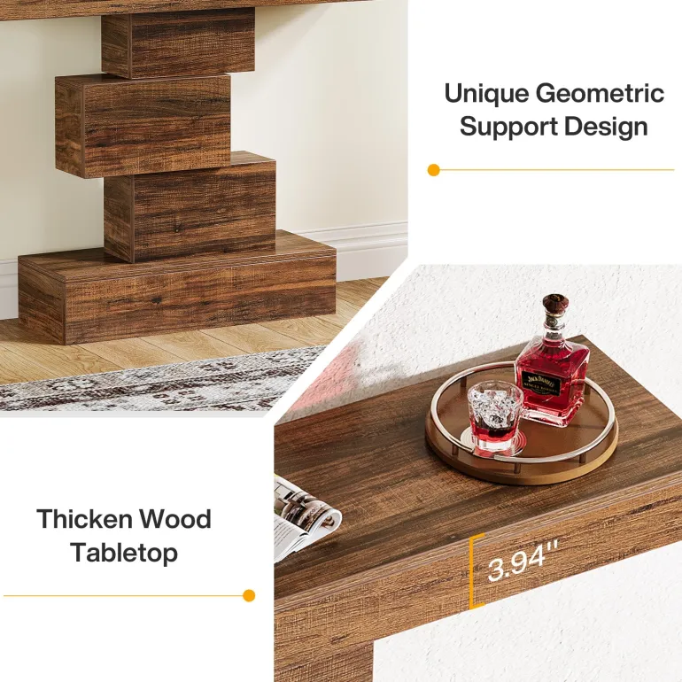 Online Tribesigns 42" Console Table, Wood Sofa Table Accent Table with Geometric Base