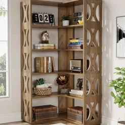 Fashion Tribesigns 66" Corner Bookshelf, 5 - Tier Bookcase Etagere Display Shelf
