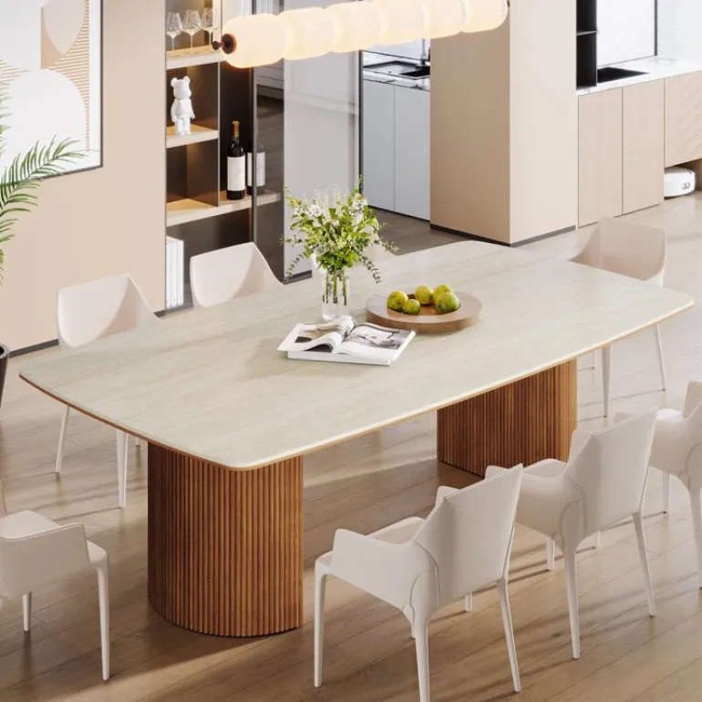 Store Tribesigns 78.7" Dining Table, Kitchen Table With Semi - Circular Stripe Base