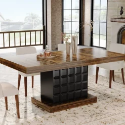 Online Tribesigns 63" Dining Table, Rectangular Kitchen Table with Geometric Relief for 4 - 6