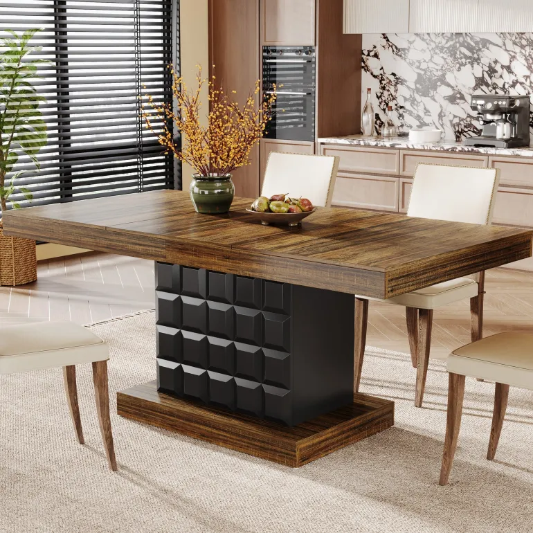 Online Tribesigns 63" Dining Table, Rectangular Kitchen Table with Geometric Relief for 4 - 6