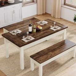 Cheap Tribesigns 55" Dining Table Set, 3 Pieces Wood Kitchen Table with 2 Benches