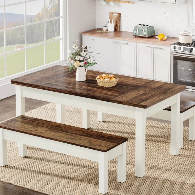 Cheap Tribesigns 55" Dining Table Set, 3 Pieces Wood Kitchen Table with 2 Benches