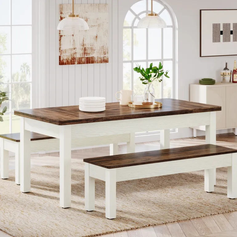 Cheap Tribesigns 55" Dining Table Set, 3 Pieces Wood Kitchen Table with 2 Benches
