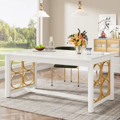 Best Sale Tribesigns 63” Dining Table with Gold Metal & Glossy Surface for 4-6 People