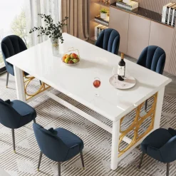 Best Sale Tribesigns 63” Dining Table with Gold Metal & Glossy Surface for 4-6 People