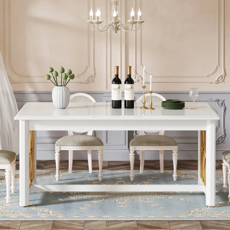 Best Sale Tribesigns 63” Dining Table with Gold Metal & Glossy Surface for 4-6 People