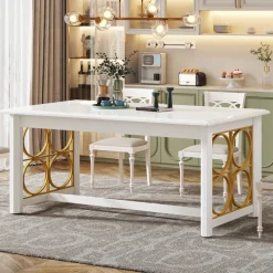 Best Sale Tribesigns 63” Dining Table with Gold Metal & Glossy Surface for 4-6 People