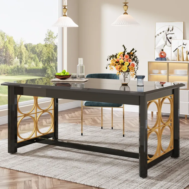 Best Sale Tribesigns 63” Dining Table with Gold Metal & Glossy Surface for 4-6 People