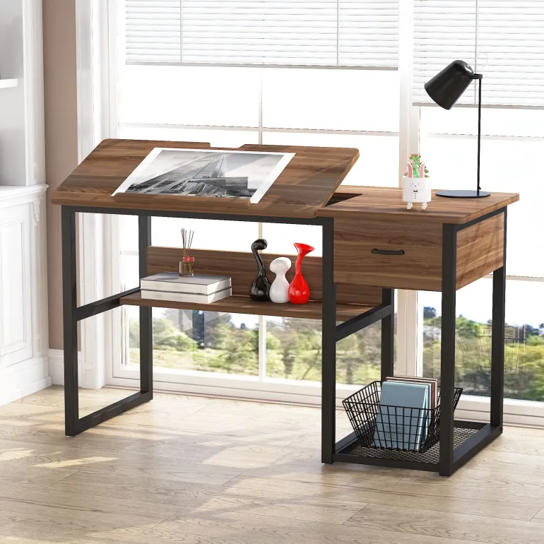 Sale Tribesigns 47.2" Drafting Table, Drawing Computer Desk with Storage Drawers