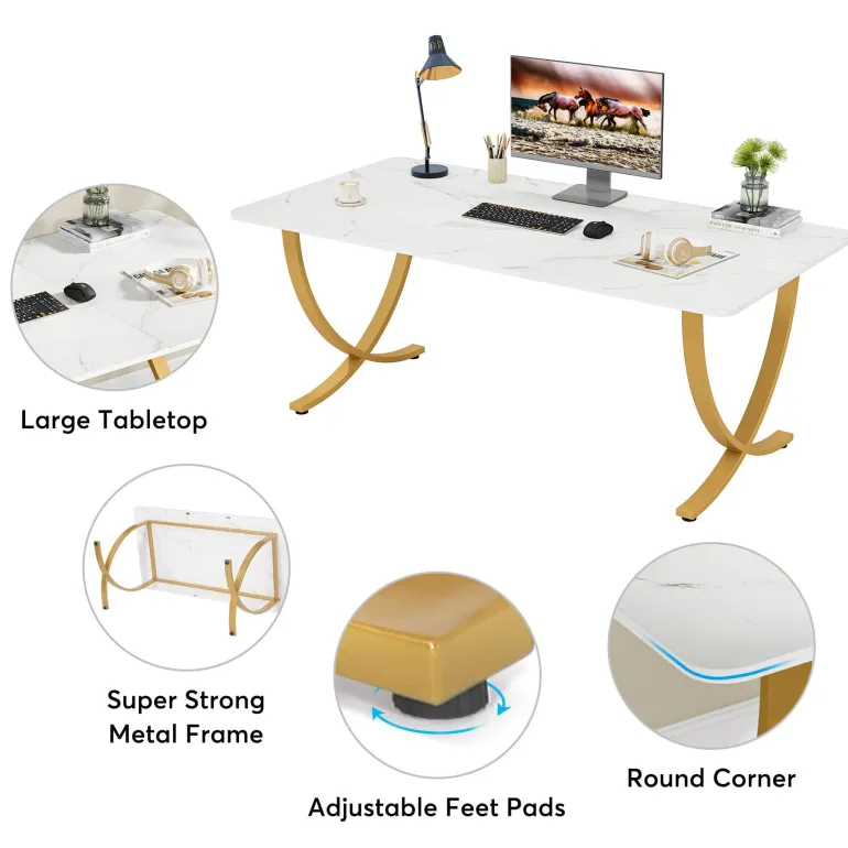 Store Tribesigns 63" Executive Desk, Faux Marble Computer Desk Meeting Table
