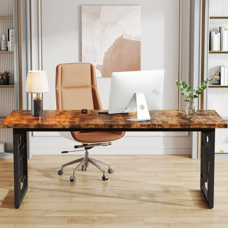 Cheap Tribesigns 63" Executive Desk, Industrial Study Computer Desk with Metal Legs