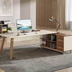 Online Tribesigns 71" Executive Desk, L - Shaped Computer Desk Office Desk with File Cabinet