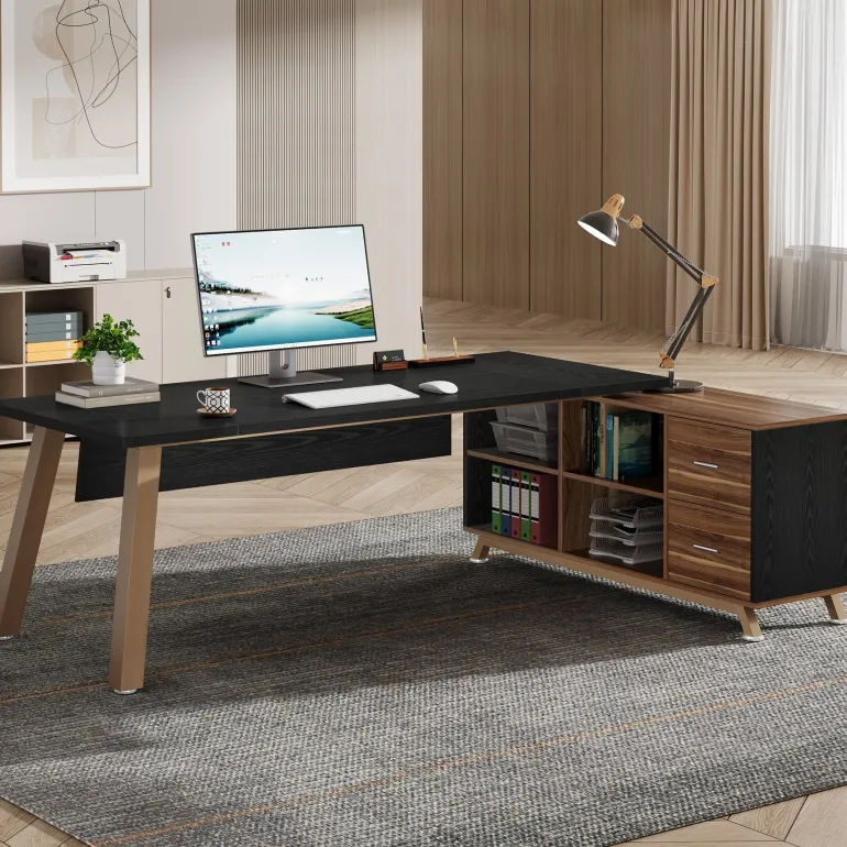 Online Tribesigns 71" Executive Desk, L - Shaped Computer Desk Office Desk with File Cabinet