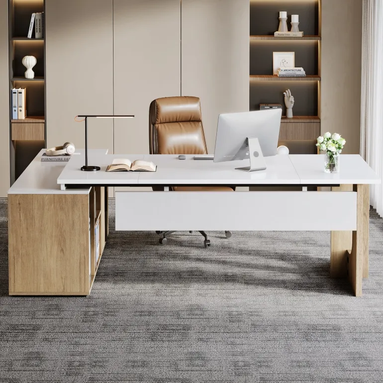 Store Tribesigns 74" Executive Desk, L - Shaped Computer Desk Office Desk With Cabinet